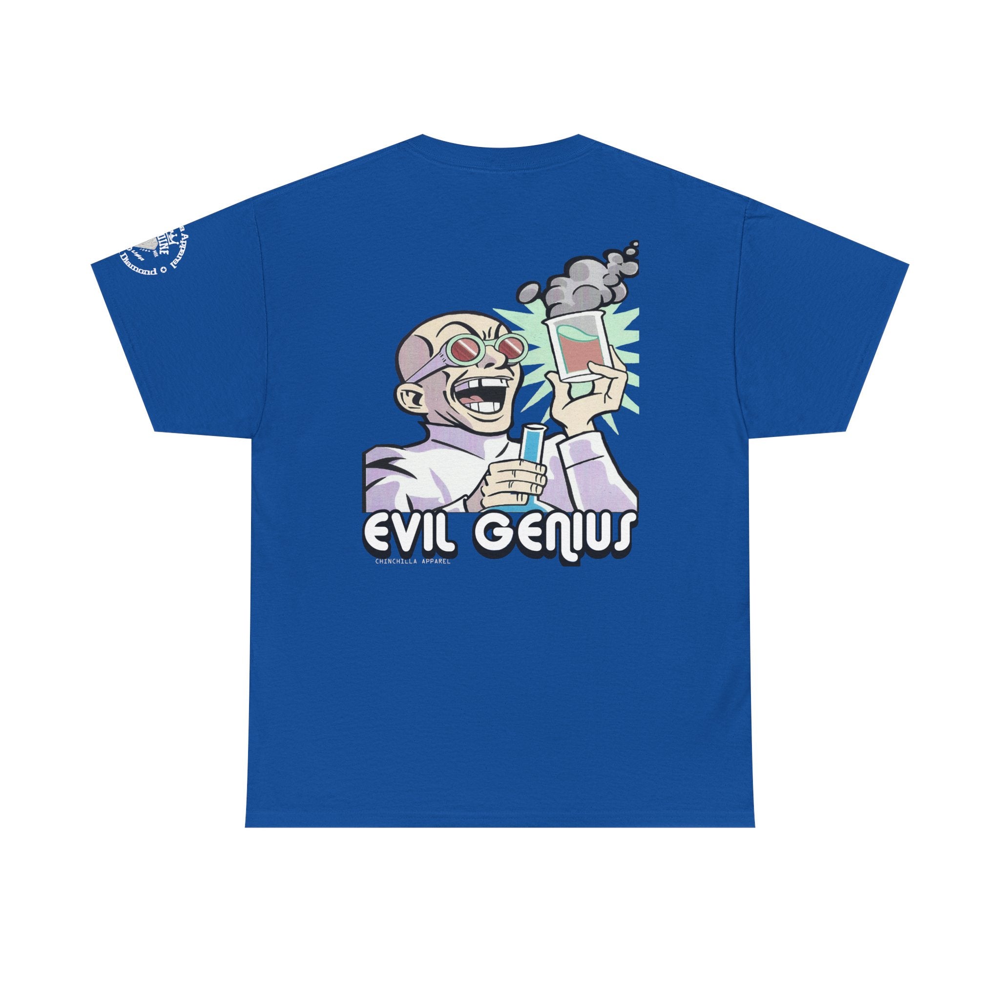 Blue t-shirt with 'Evil Genius' graphic design on a white background